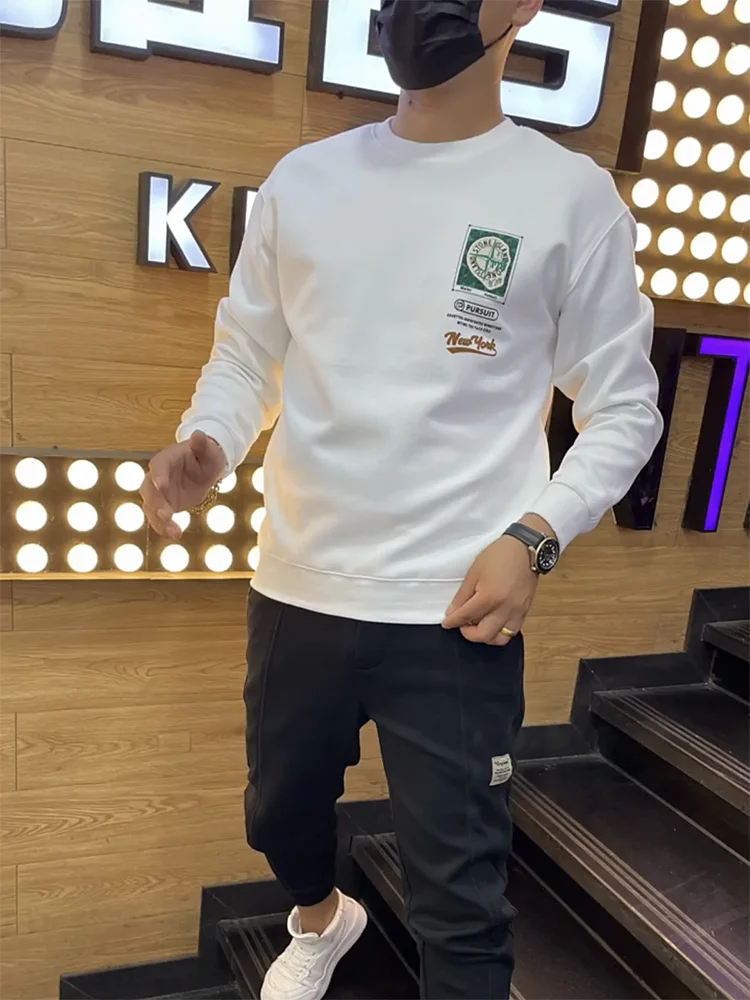 

Модная мужская толстовка с круглым вырезом и длинными рукавами, с принтом, оверсайз, из смесового хлопка и полиэстера, осенне-зимняя, в уличном стиле