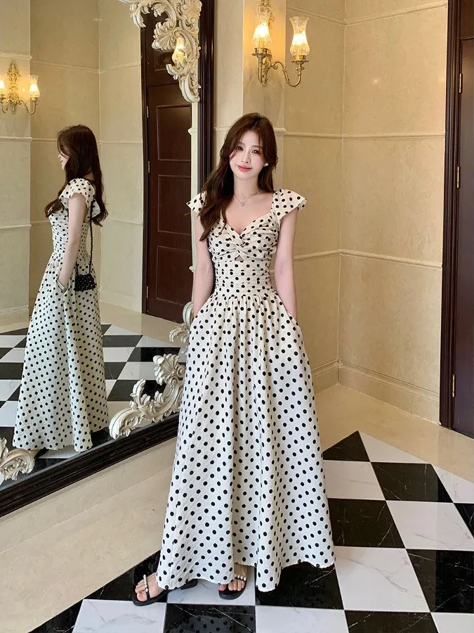 

Elegant plus Size Polka Dot Long Dress Slimming Waist Design Summer New Arrival Women's Fashion Gown Elegant Ladylike Style