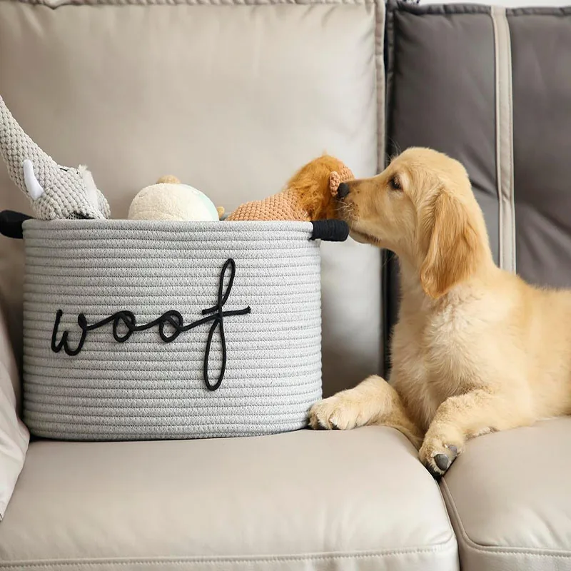 Woof Dog Toy Basket Woven Pet Baskets Storage Bin Box with Durable Handles Puppy Bins Perfect for Organizing Dog Toys