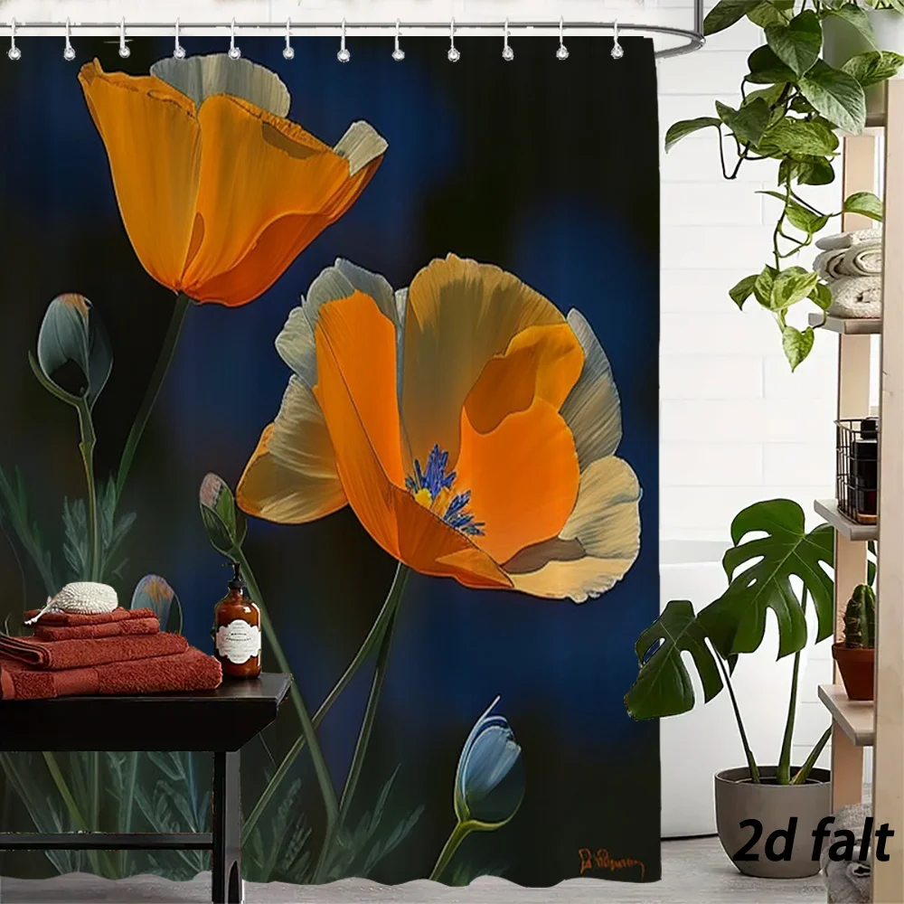 Orange flowers shower curtain hook 2D flat print dark blue green background gray edge blue center bud stem