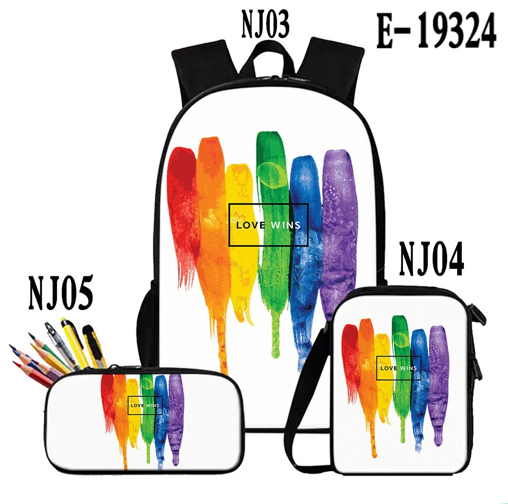 Harajuku Novelty Colourful LGBT 3D Print 3pcs/Set pupil School Bags Laptop Daypack Backpack Inclined shoulder bag Pencil Case