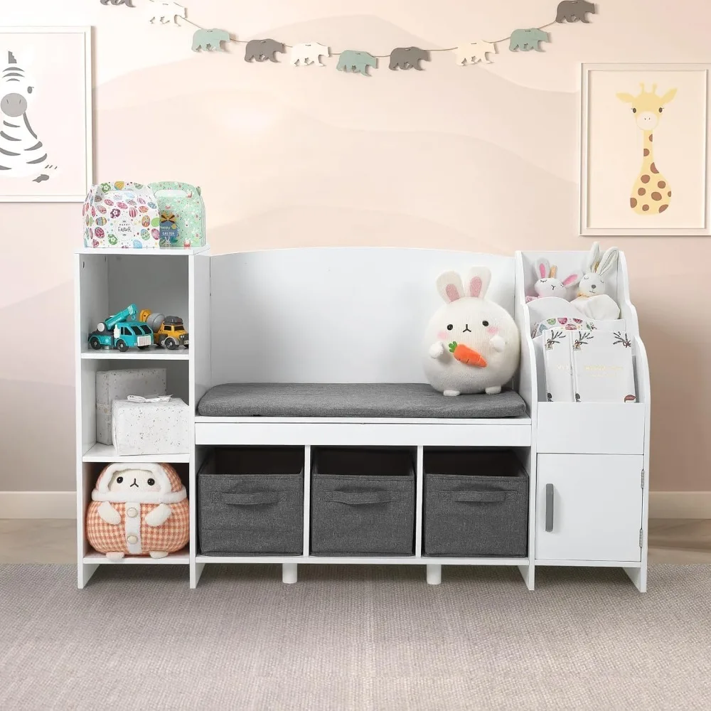 

Kids Bookshelf with Reading Nook, Detachable Cushion,Toy Storage Organizer and Book Rack, Toy Cabinet, Bookcase, Kids Couch