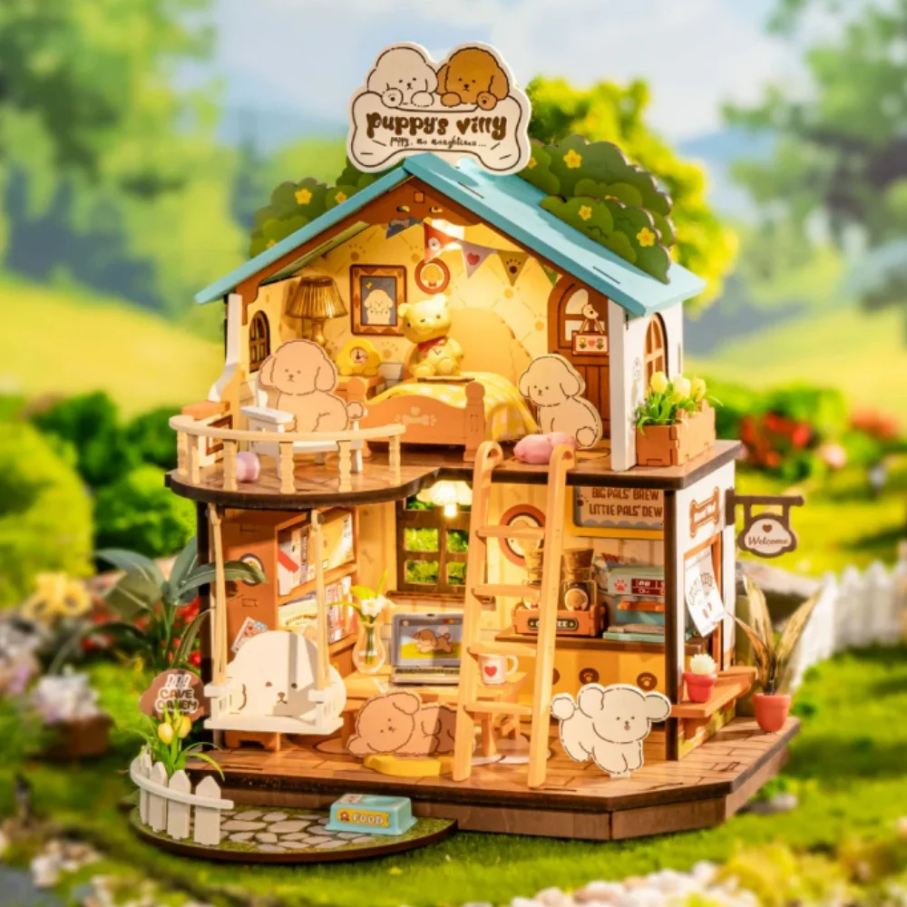 Robotime Rolife DIY Miniature Dollhouse Kit Rolife Puppy's Cozy Villa Amazing Gift for Children DIY Miniature House for Adult