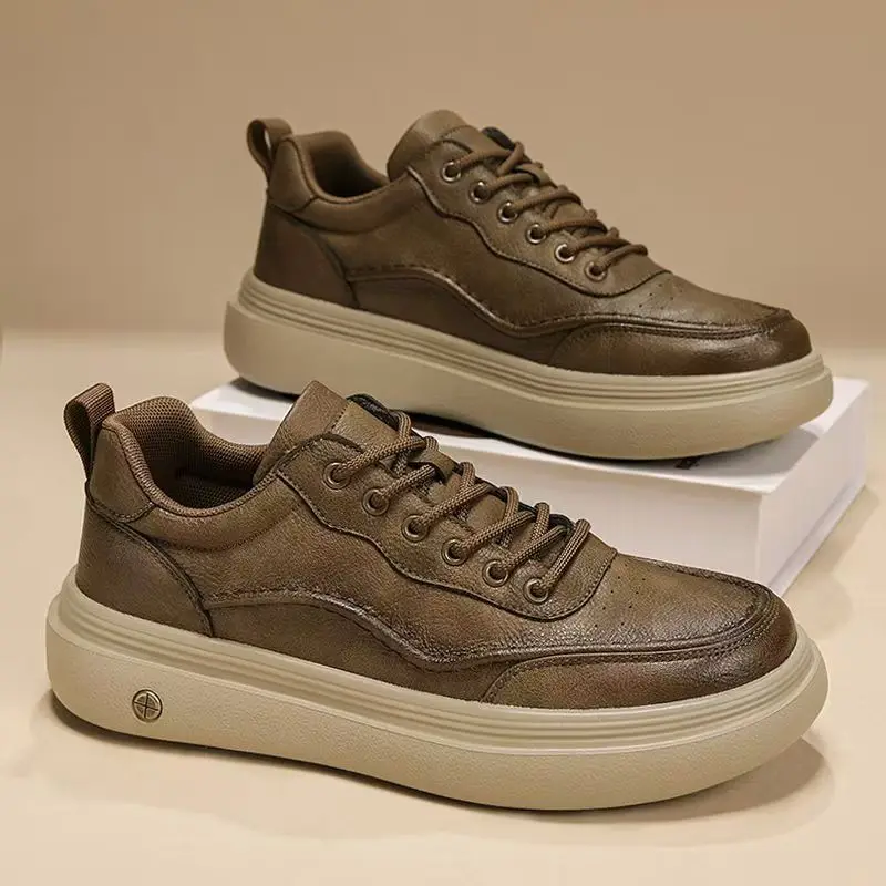 Men Leather Low Top Lace Up Work Shoes Spring Autumn New Thick Sole Non Slip Waterproof British Style Casual Shoes Board Shoes