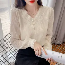 Spring New Button Lace Patchwork Shirt Tops Long Sleeve V Neck Solid Color Loose Blouse Temperament Elegant Women Clothing