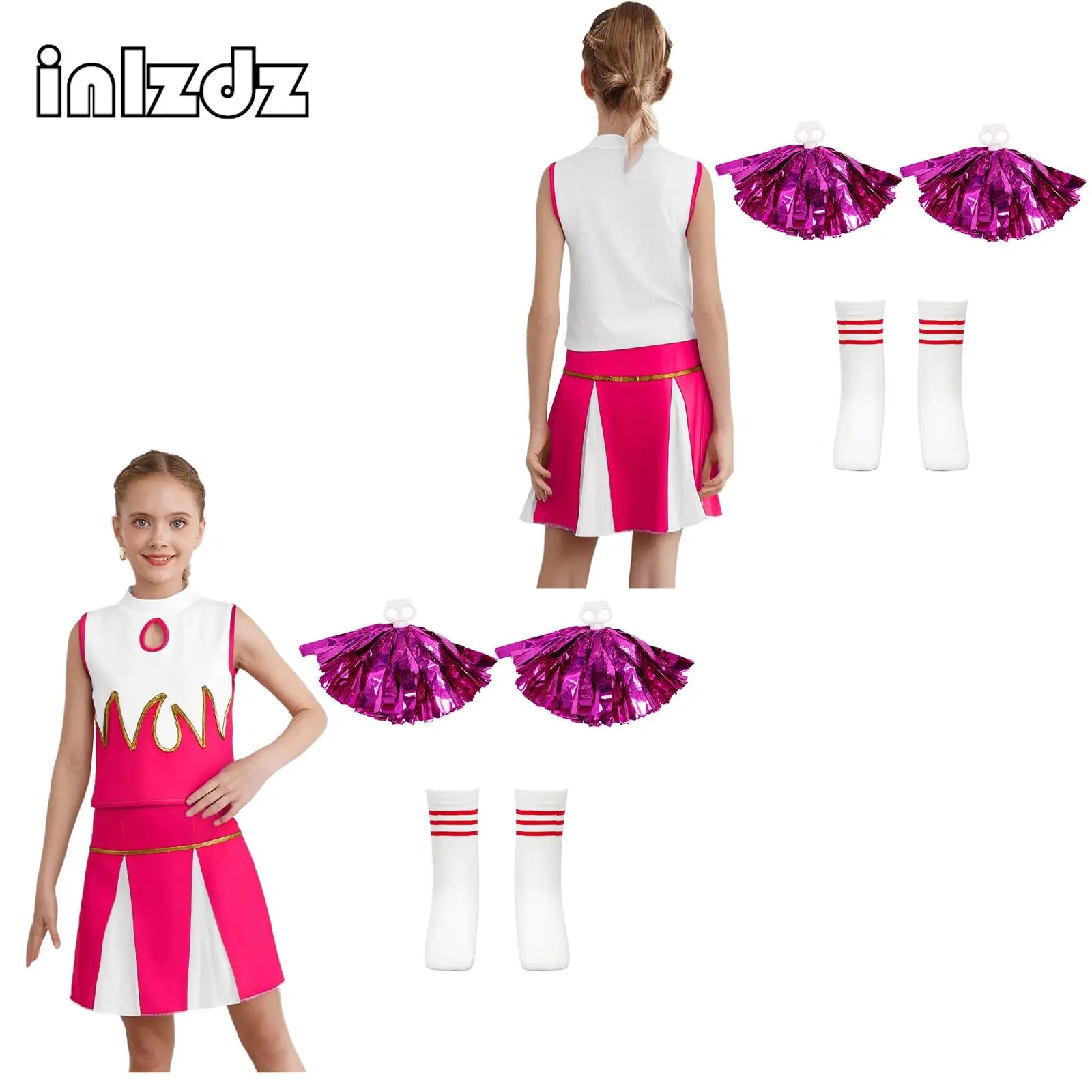 

Girls Cheerleading Dance Set Sleeveless Sequin Trim Tops Skirt Flower Balls Socks Cheerleader Uniform for Halloween Performance