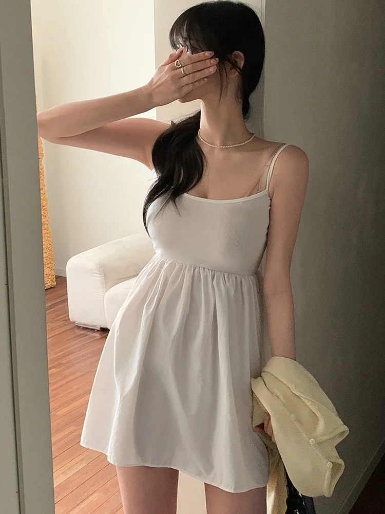 Chic Summer Simple Elegance Splice ature Ballet Sle Versatile Svel Strap Dr Women's Faion Commute High Waist...