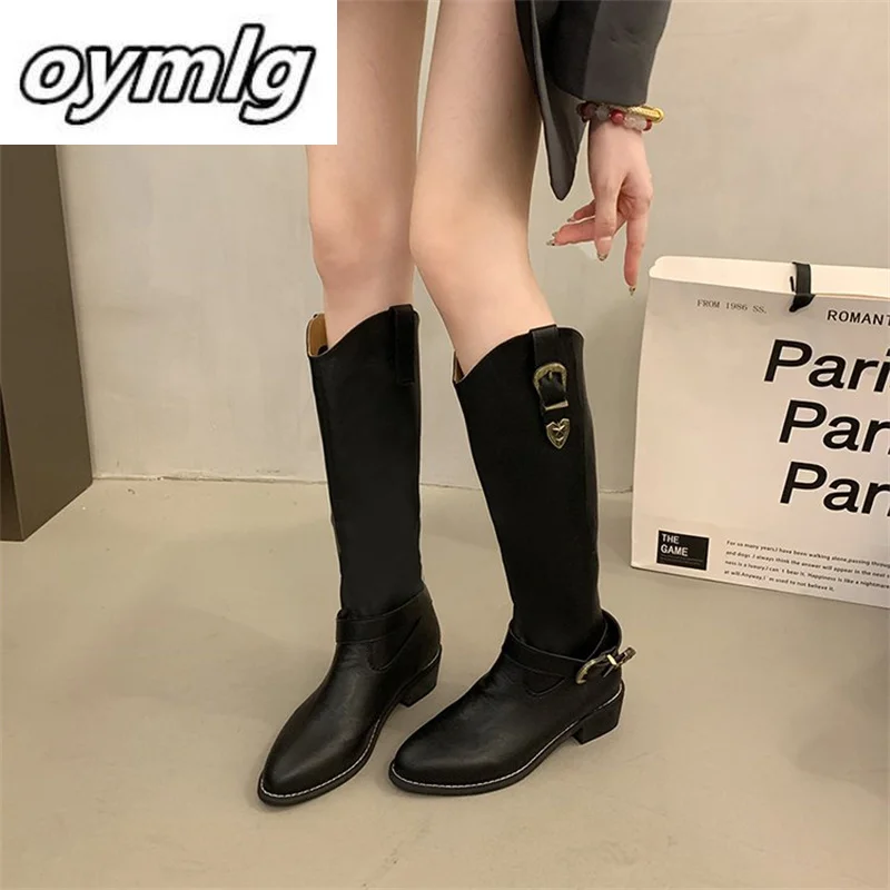 2024 Autumn/Winter New Retro Coarse Heel High Barrel Casual Skinny Knight Boots for Women