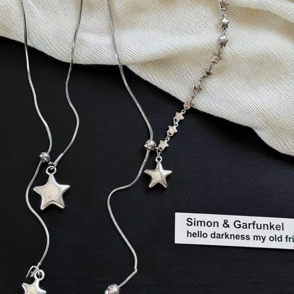 Fashion Silver Star Pendant Long Length Tassel Detail Snake Chain Pendant Style Asymmetrical Design Punk Fashion Unisex