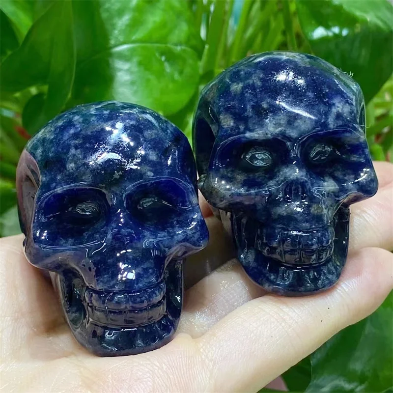 Natural Blue Sodalite Skull Figurine Crafts, Healing Crystals, Carving, Halloween Gift, Home Decoration, 1Pc