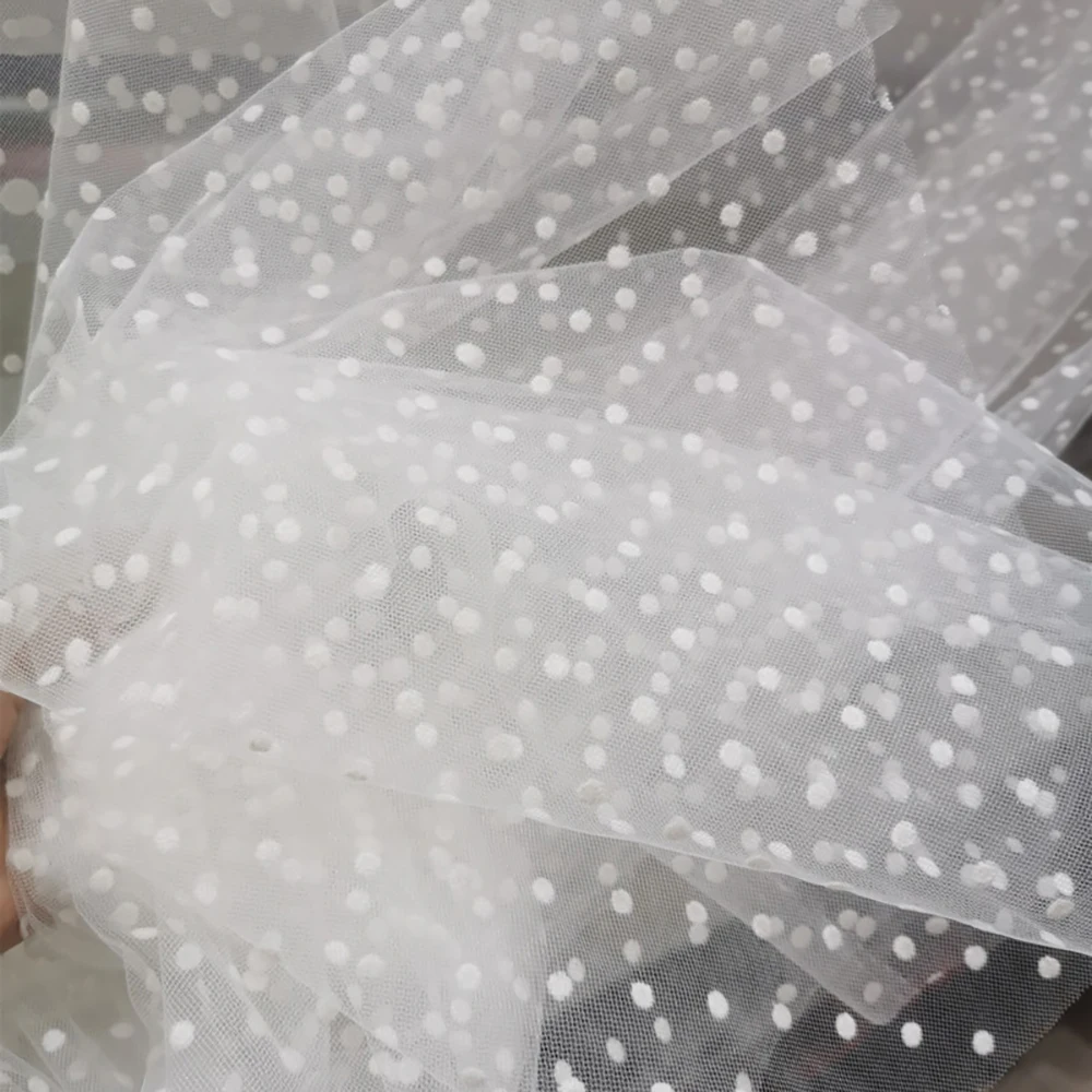 White Black Flocked Polka Dot Mesh Tulle Fabric High Quality Polyester Stretch DIY Dress Wedding Decoration Puff Skirt Net Cloth