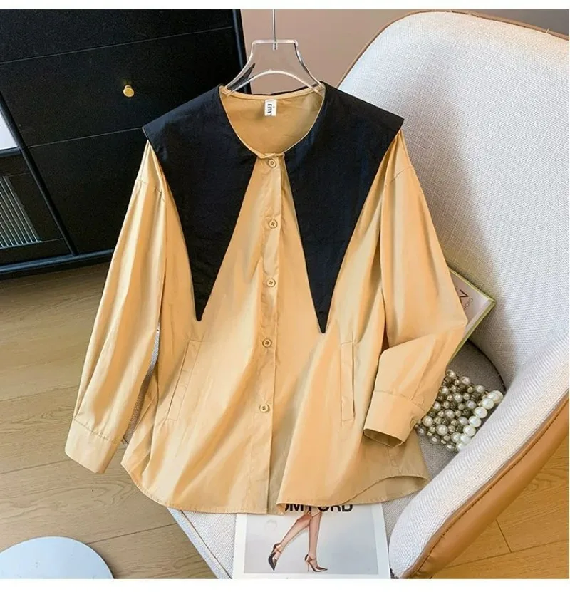 

Korean Fashion Sharp Neck Long Sleeved Shirt Women Spring Summer Large Size Loose Lazy Style Female Blouse