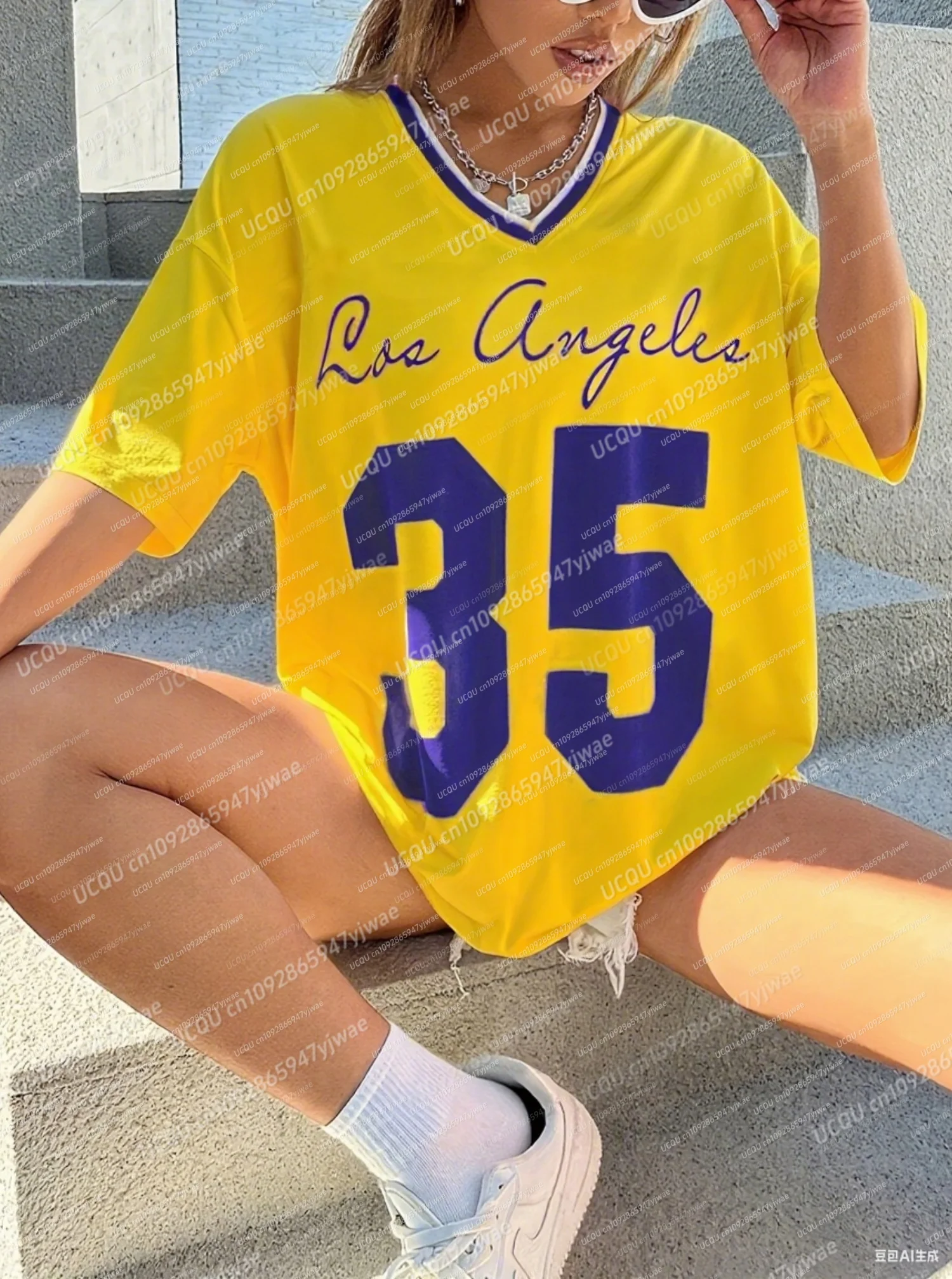 

Summer Women Los Angeles Number 35 Print V-Neck Short Sleeve T-Shirt Summer Tee Baseball Jerseys Stripe Oversized Sport T-Shirt