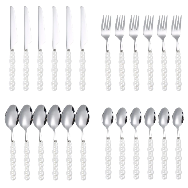 

24-Piece Pearl Handle Stainless Steel Cutlery Luxury Forged Knife Fork Spoon Shell Spoon Kits Dessert Steak Dining Tableware