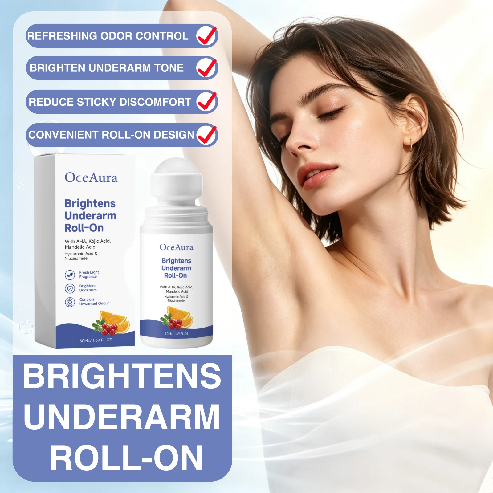Kojic Acid Underarm Brightening Deodorant Roller Design Dark Armpits AHA Niacinamide Hyaluronic Acid Odor Refresh Underarm Care