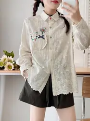 Autumn Japan Style Sweet Lolita Lace Flower Embroidery Cotton Shirt Women Mori Girl Turn Down Collar Long Sleeve White Blouse