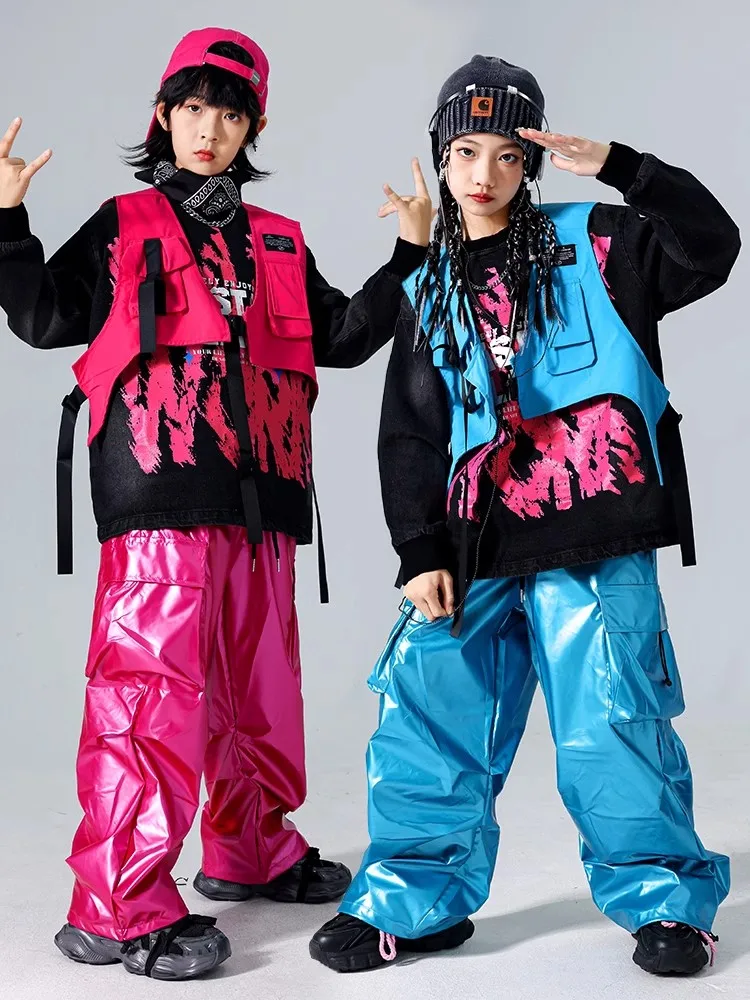 ใหม่สีชมพู Hip Hop Dance เครื่องแต่งกายเสื้อกั๊กกางเกงหลวม Street สวมใส่หญิงแจ๊สเสื้อผ้าชุดเวที BL14361