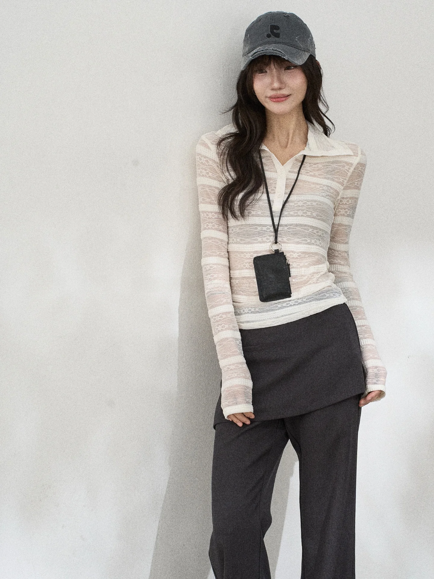 

Flower7 Long Sve Lace Trimmed Slim Fit Collar Top for Women Korean Sle Knitted Nylon Fabric Medium Thin Spring Wear