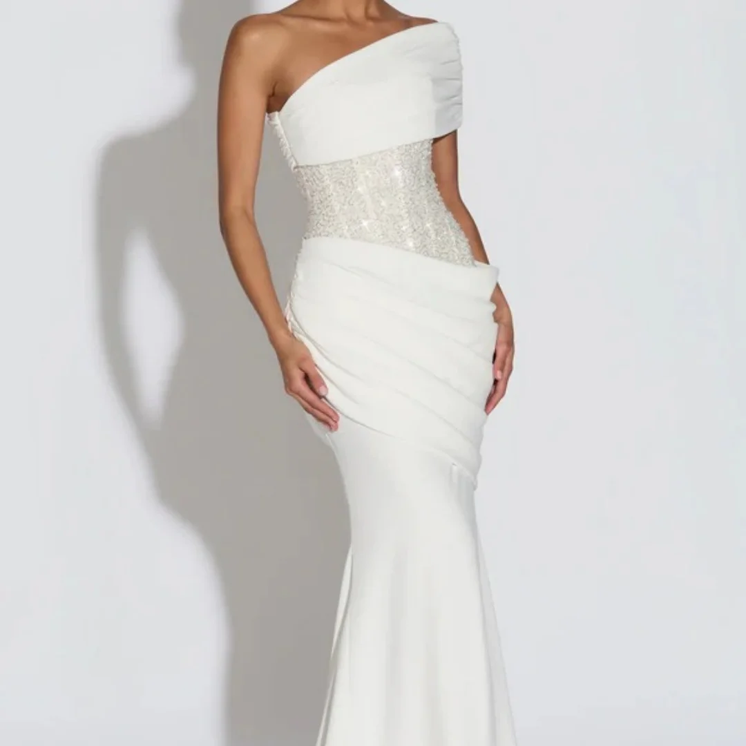 Bella Customized White One Shoulder Sequin Waist robes de soirée Mermaid Train Gown Elegant Party Dresses Stylish Prom Dress image 4