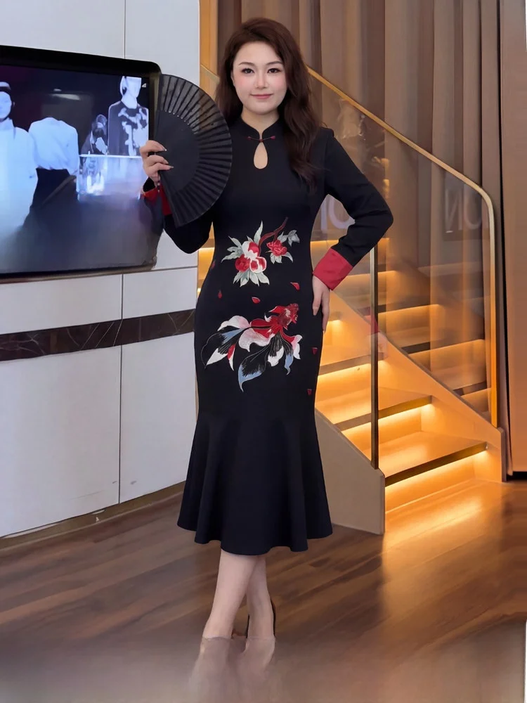 

Новогоднее китайское модифицированное платье-ципао больших размеров для женщин, зимнее, длинное, с высокой талией, вышитое, с вырезом «рыбий хвост»