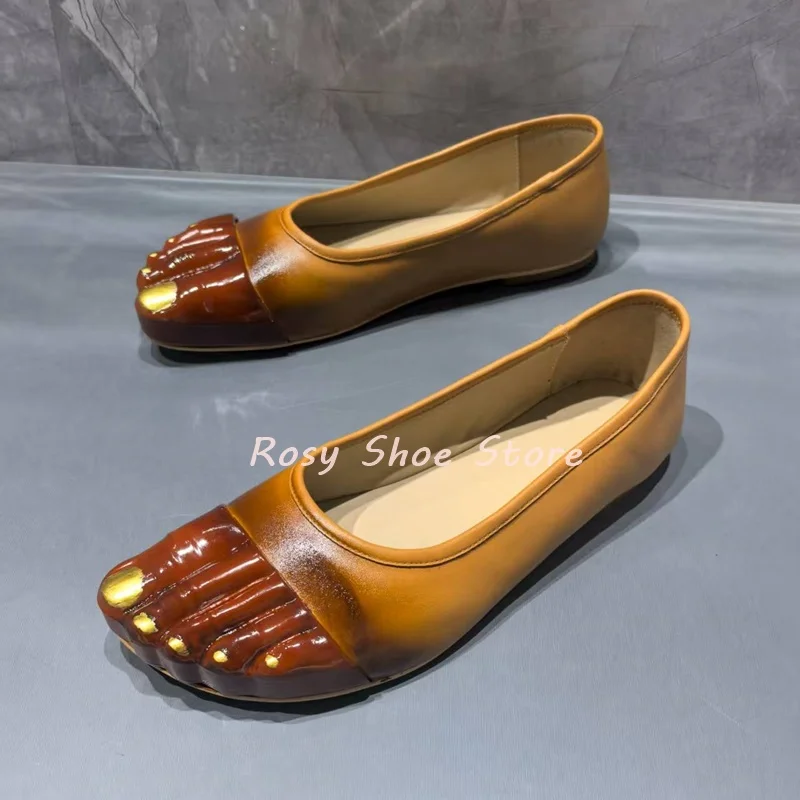 Peculiar Five Toe Design Black Apricot Leather Shallow Mouth Women's Casual Shoes Spring Autumn Flat Slip On Street Style Shoes