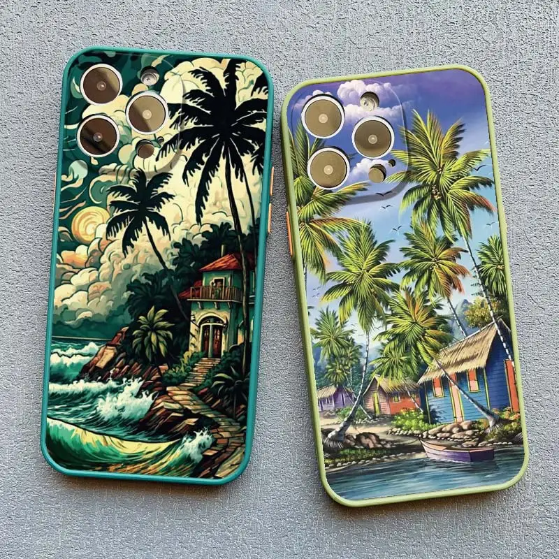 Seaside Coconut Tree Coastal Scenery Phone Case for IPhone 16 15 14 13 12 11 Pro Max Mini X XR XS 15 7 8 Plus Shockproof Covers