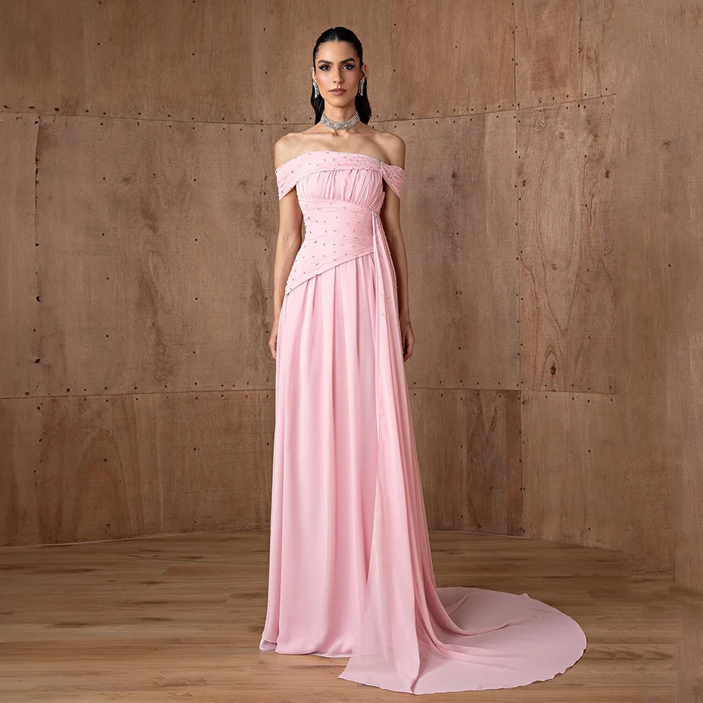 Pink Evening Dress Off The Shoulder Boat Neck Customized Pleat Beading Wedding Party Gown Chiffon Arabian Prom Dresses image 5