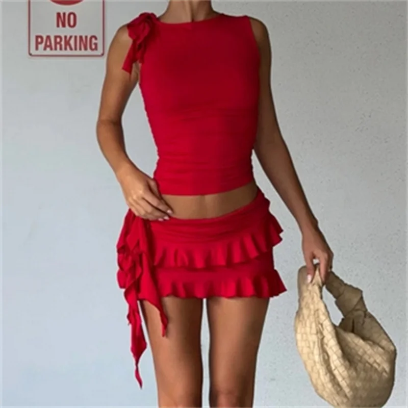 

Chic Y2k Stacked 2 Piece Set Women Solid Trend Sleeveless Bandage Slim Tanks+Ruched Matching Skirts Female Stunning Outfits