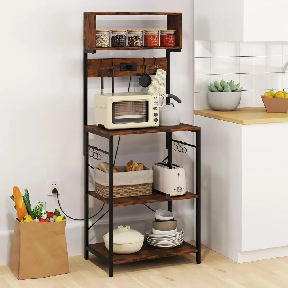 Baker’s Rack with Power Outlet, 5-Tier Microwave Stand with Open Shelves & 10 Hanging Hooks, 60” Tall Coffee Bar Station fo - view 3