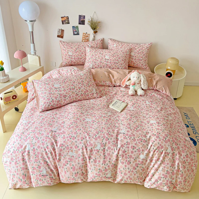 Pink Rose Flower Cotton Duvet Cover Romantic Floral Bedding Set Reversible Printed Comforter Cover Cartoon Rabbit Quilt Cover