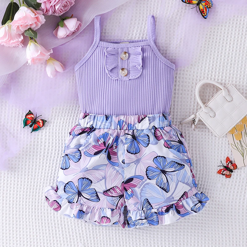 1-6 Years old Sleeveless Purple Vest Butterfly printing Short Pants Outfit Toddler Infant Fashion Clothing Suit For Kids Girl