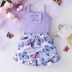 1-6 Years old Sleeveless Purple Vest Butterfly printing Short Pants Outfit Toddler Infant Fashion Clothing Suit For Kids Girl