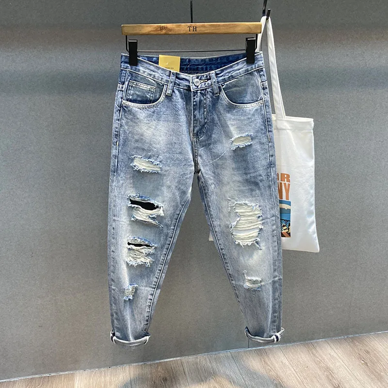 Summer2024New Japanese Pants Men's Loose Hole Cropped Length Retro Street Personality Trend Loose Straight Harem Jeans