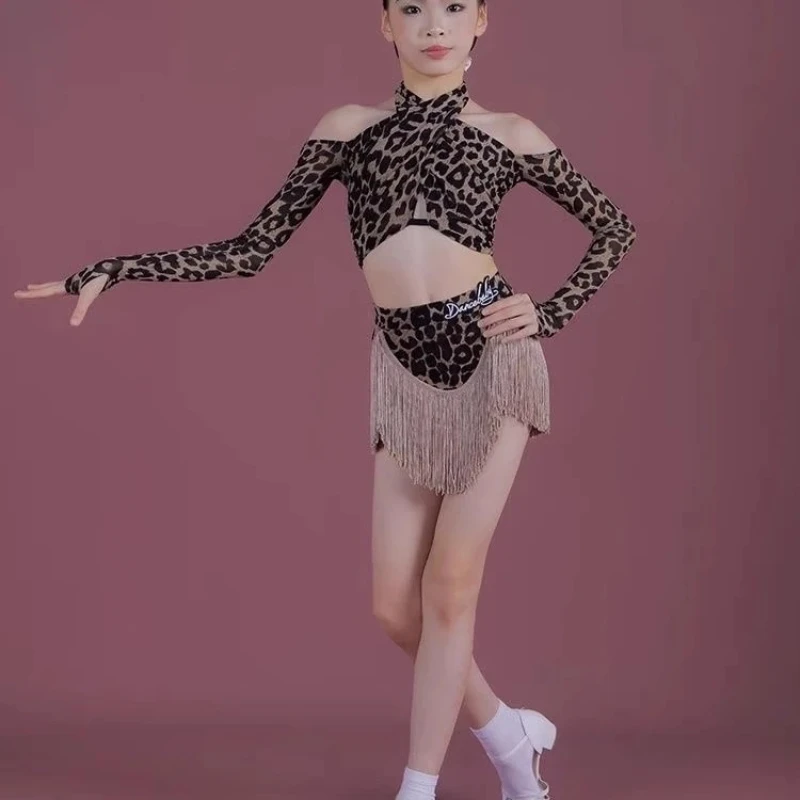 Line dance clothing Stage costume fringe skirt Leopard Latin dance competition costume tassel Dance latin american outfit image 3