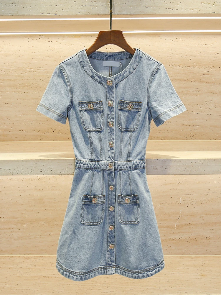 

Высококачественное европейское синее джинсовое платье с пуговицами со стразами Ele Cact Sle round Ne High Waist ort Sve