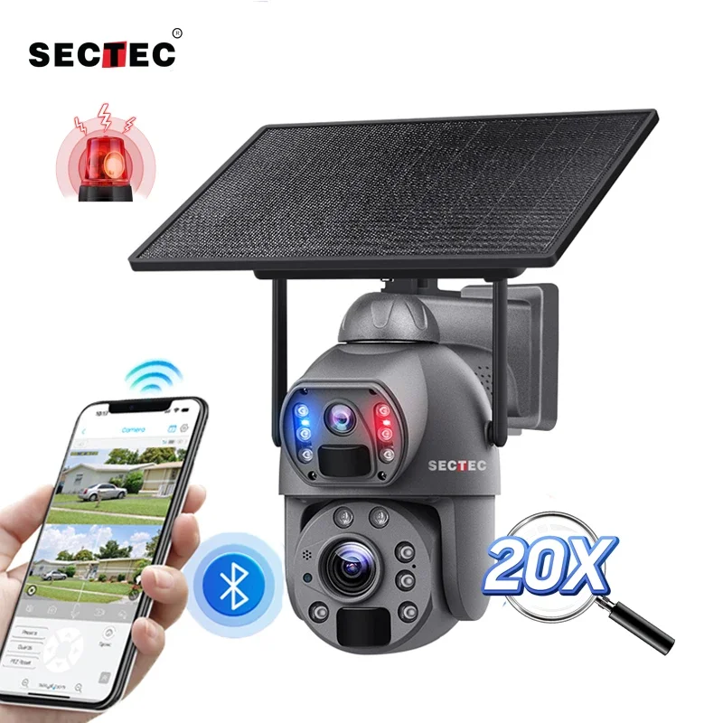 2024 New Sectec 20X Zoom HD 6MP 4G Solar Battery Camera 3K Dual Lens IP CCTV PTZ Outdoor Security Camera With Laser Lights