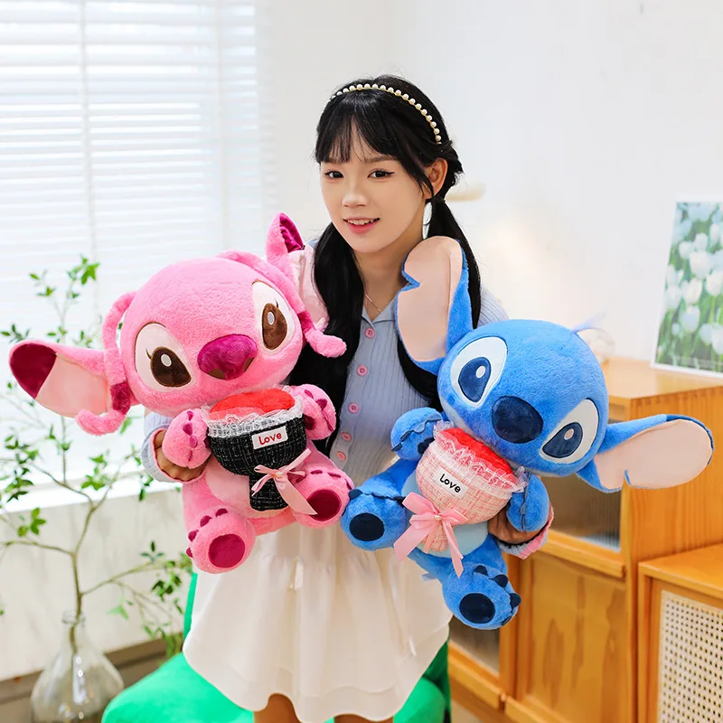 

Disney 30/60cm Rose Bundle Stitch Doll Angel Interstellar kawaii Plush Toy Large Cartoon Doll Valentine's Day Gift