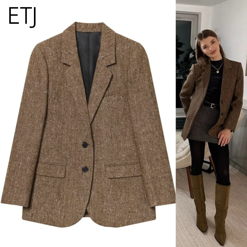 ETJ 2025 collection hiver femme Maillard couleur deux boutons mélange motif chevrons veste de costume décontractée