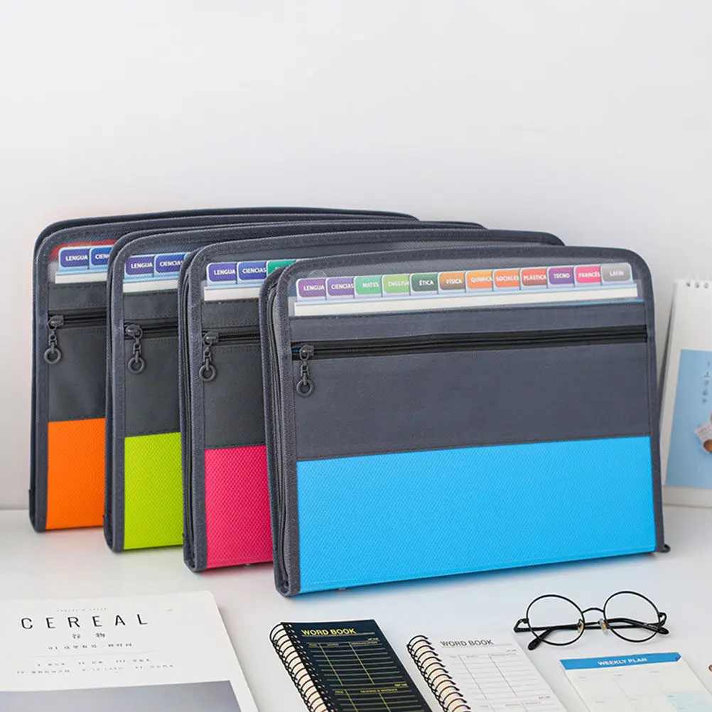 

A4 Expanding File Folder 13 Pocket Multi-Layer Portable Document Organizer Double Zipper Design Color Labels for Office Archive