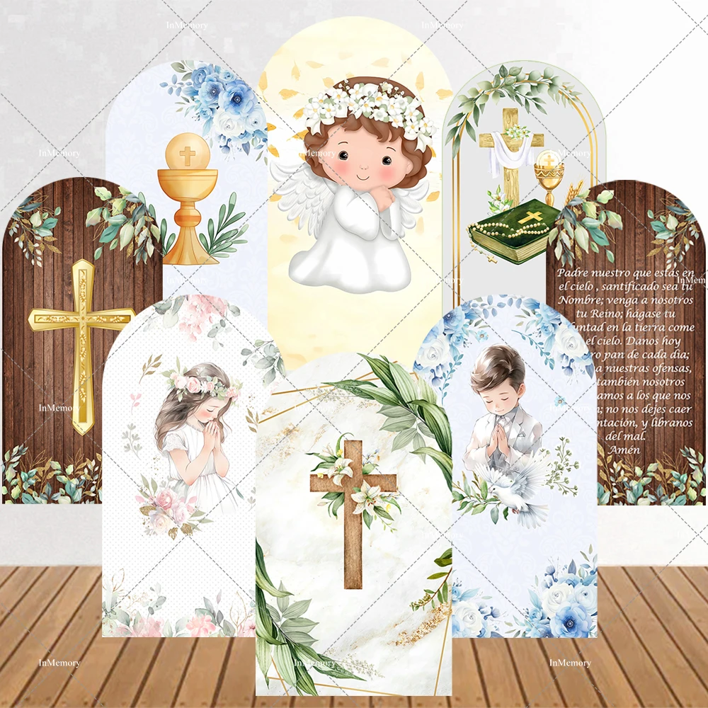 Kids Baptism Arch Cover Backdrop Decoration God Bless Cross Christening My First Communion Photography Backgrounds 2-Sided