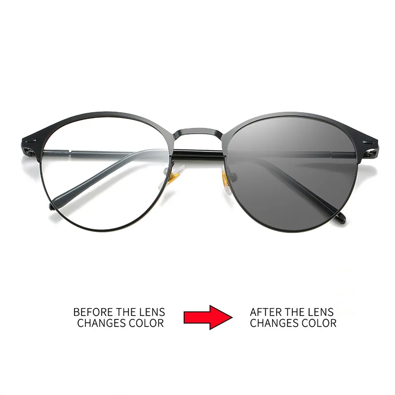 Photochromic Sun Glasses Retro Round Frame Glasses Metal Frame Color Changing Glasses