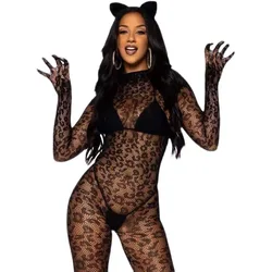 Bodysuit arrastão preto leopardo para mulheres, lingerie sexy, bodysuit de pelúcia, meia-corpo, macacão, roupa íntima, fantasias, roupa