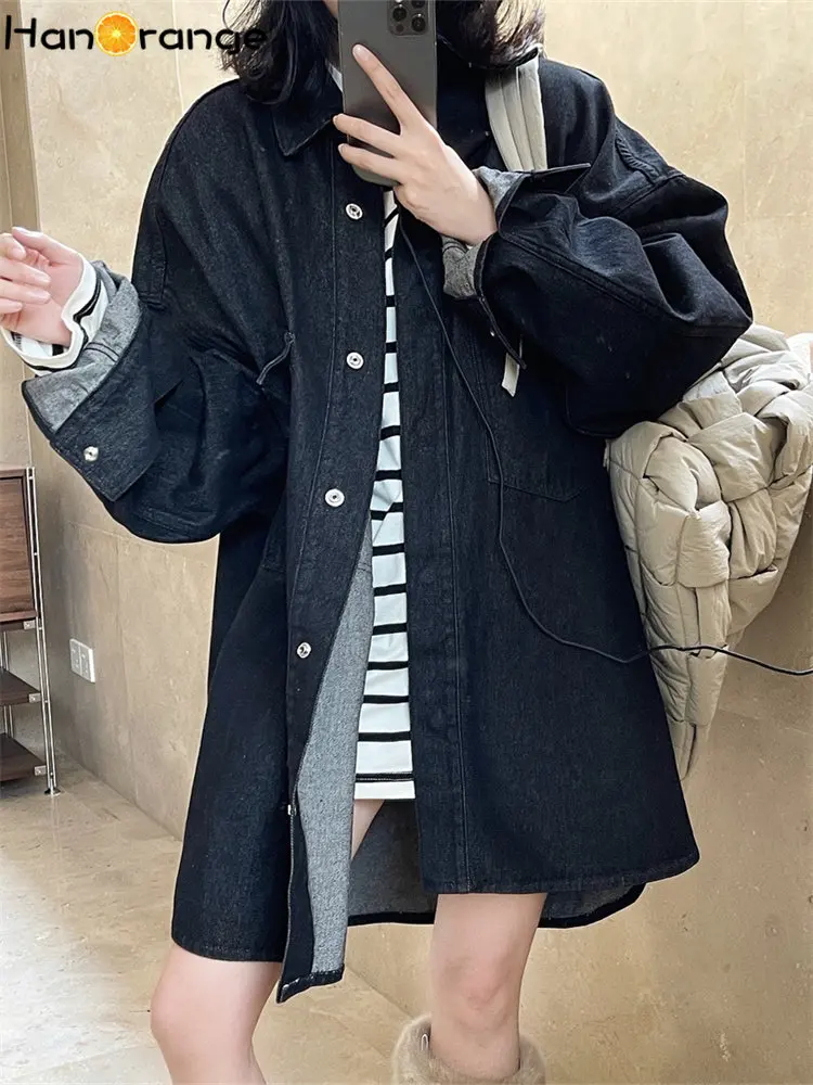 HanOrange 2024 Spring Lapel Denim Shirt Women Windbreaker Loose Silhouette Casual Black Denim Coat Female