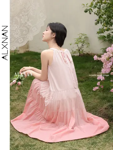 ALXNAN 여성 롱 드레스 그라디언트 컬러 코튼 서스펜더 드레스 2025 봄 여름 우아한 프랑스어 a 라인 슬림 의류 DYL 661685