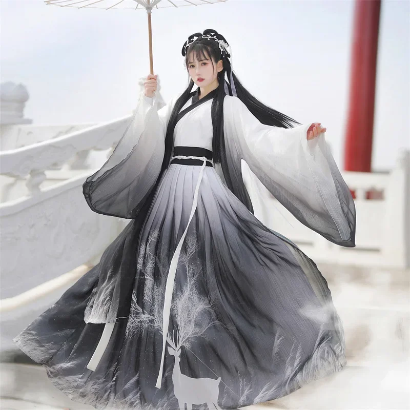 Traditional Hanfu Classical Black and White Gradient Folk Dance Costumes Retro Cross-Neck Waist-Length Dress Large Sleeve Shirt