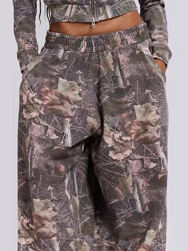 

JadedLondon Printed Dead Branch Elastic Waist Wide Leg Pants ex Long Pants Spicy Girl Sle Jeans l Waist Denim