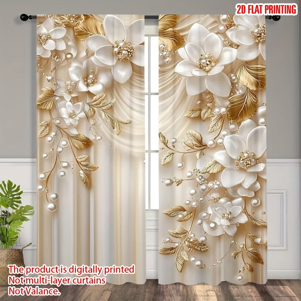 

2pcs Elegant Floral Print Curtains, Gold and White Blossom Design, Semi-Sheer Light-Filtering for Bedroom Office and Living Room