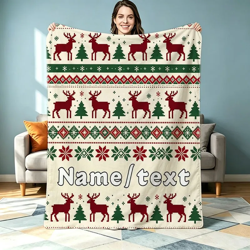 Custom Name Christmas  Throw   Pine Tree  Fair Isle Knit Print Decorative Cover for Sofa Couch  Custom Holiday Home  Accessory