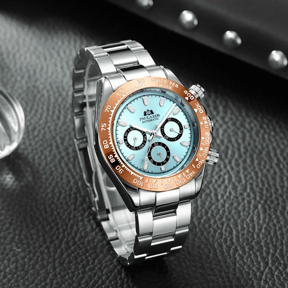 ساعة رجالية أوتوماتيكية ميكانيكية ذاتية الرياح من الفولاذ المقاوم للصدأ باللون الذهبي والجليدي باللون الأزرق الكستنائي والبني
