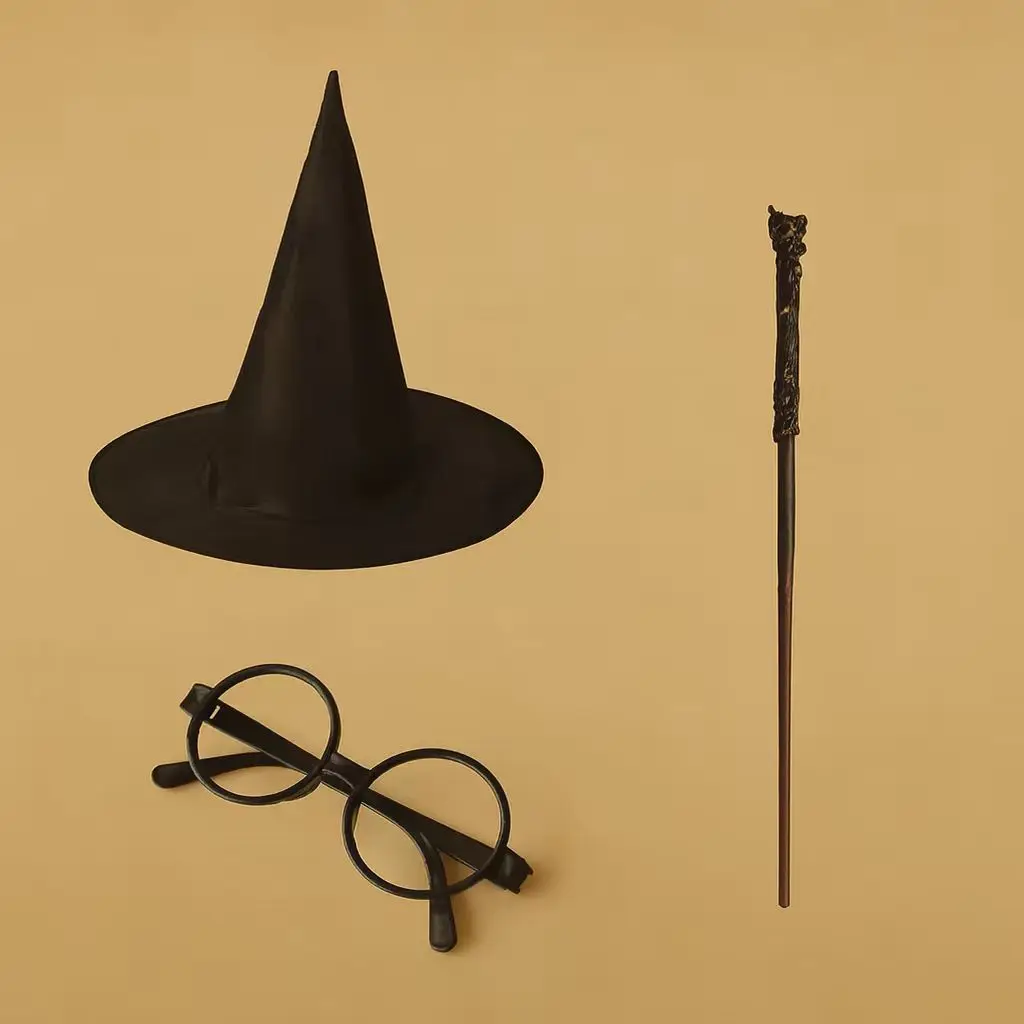 Halloween Wizard Costume Accessory Set Black Witch Hat Round Glasses Magic Wand Cosplay Props for Harry Potter Themed Party Fanc - view 6